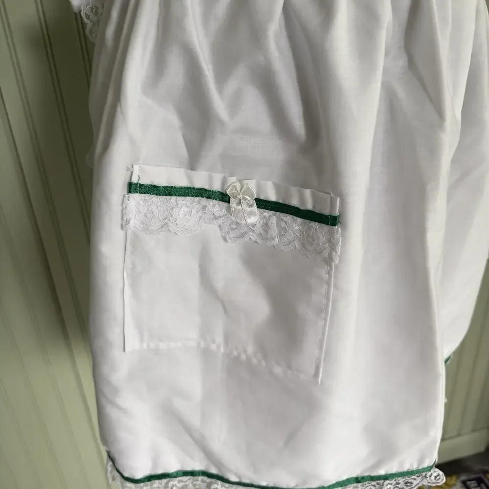 Vtg Hostess Half Apron White Green MCM 50s Pocket Retro Tie Trad Cottage Ruffle